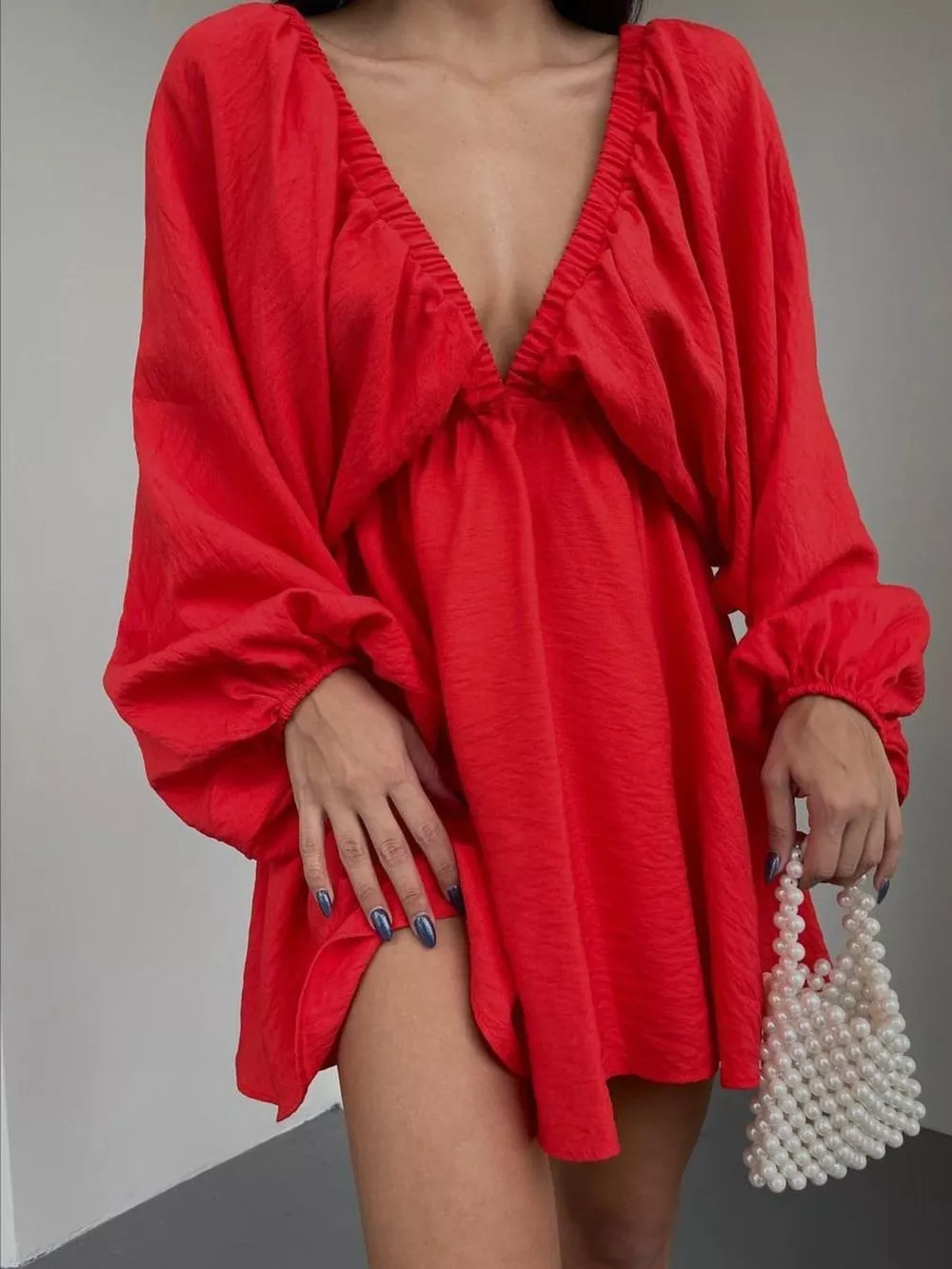Deep V-Neck Balloon Sleeve Dress, image 10