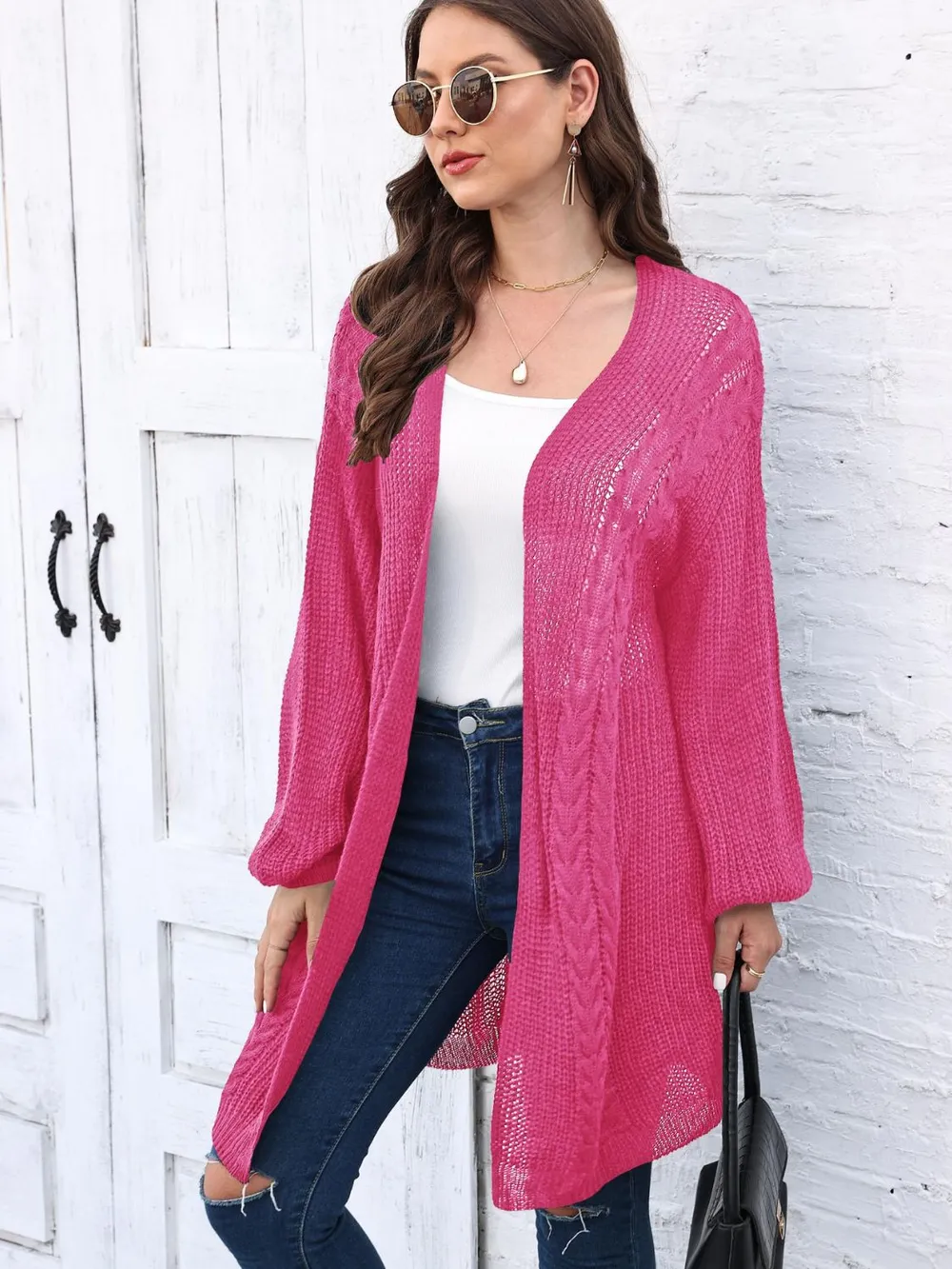 Cable-Knit Open Front Long Sleeve Cardigan, image 5