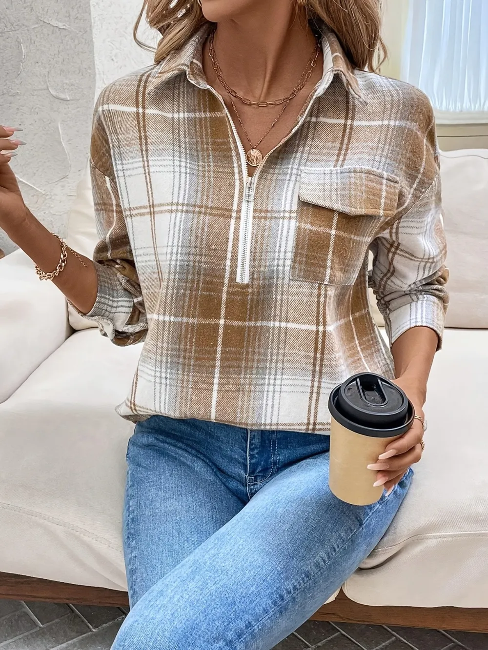Plaid Collared Neck Half Zip Long Sleeve Top, image 3