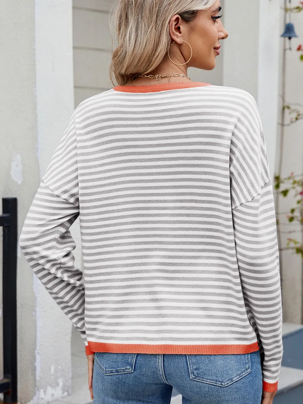 Striped Contrast Round Neck Long Sleeve Sweater, image 11
