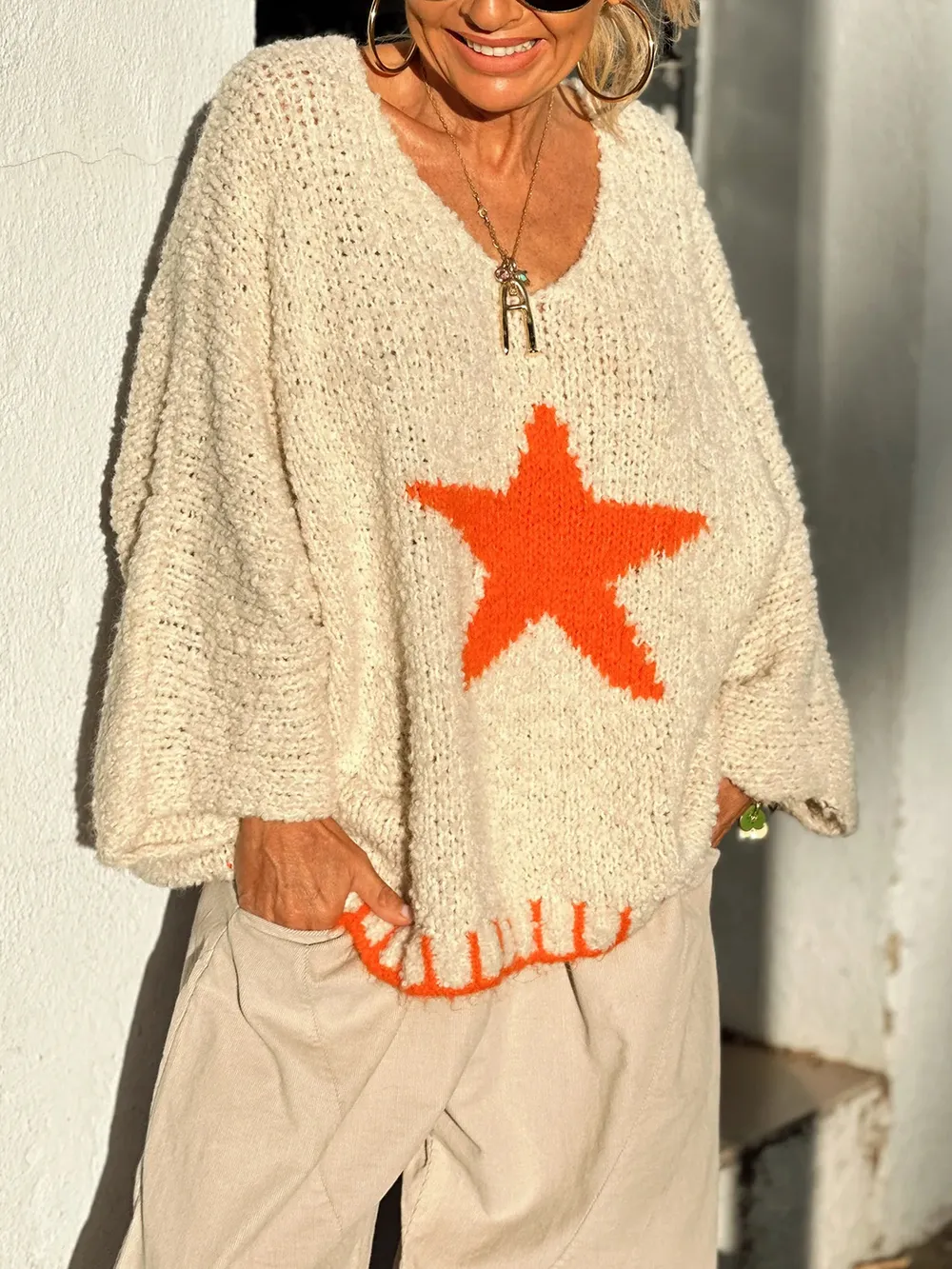 Star V-Neck Long Sleeve Oversize Sweater, image 7