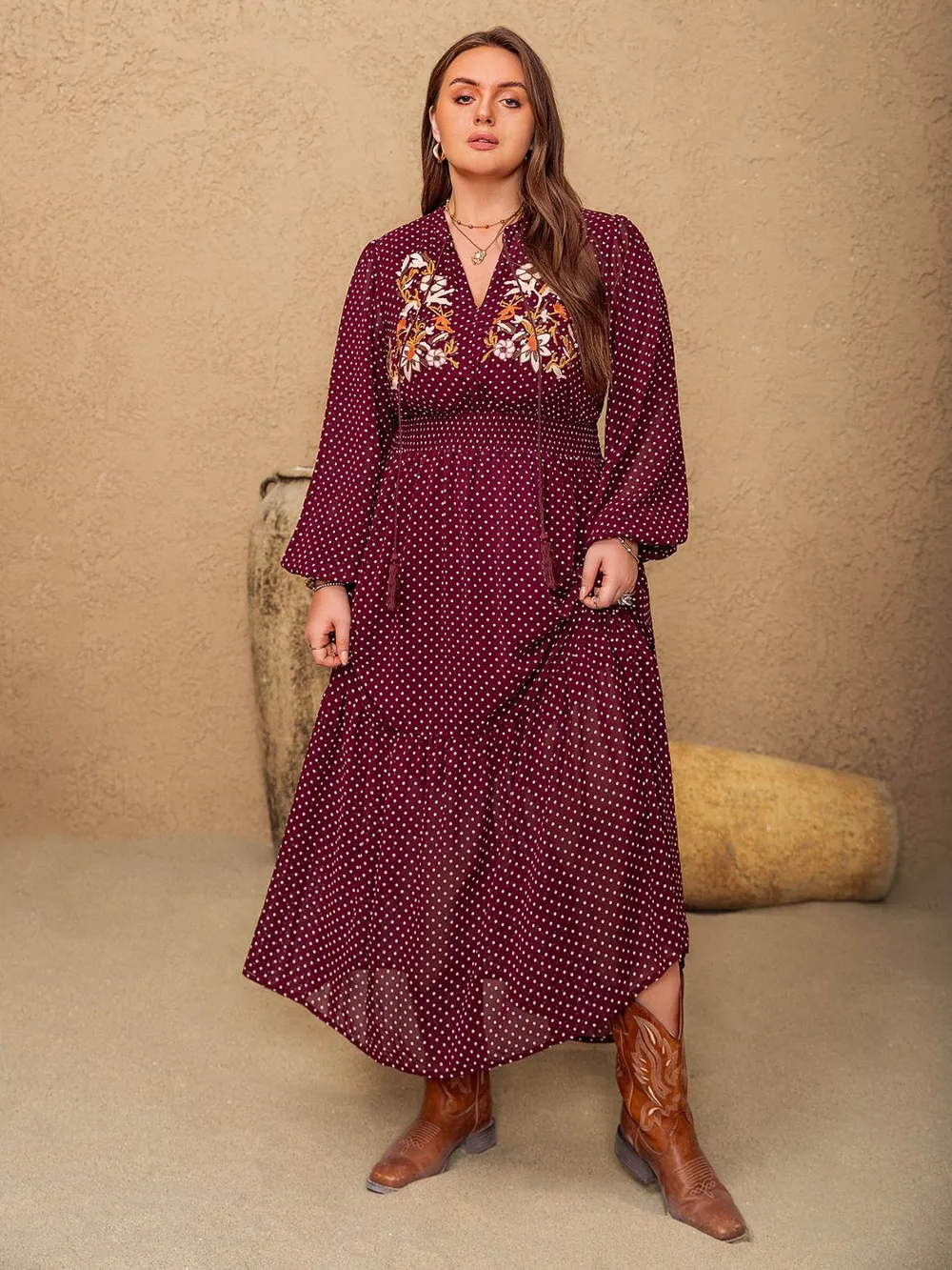 Plus Size Embroidered Polka Dot Tie Neck Long Sleeve Midi Dress, image 5
