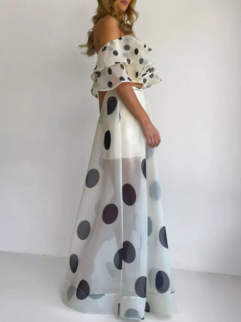 Polka Dot Ruffle Crop Top and Maxi Skirt Set, image 4