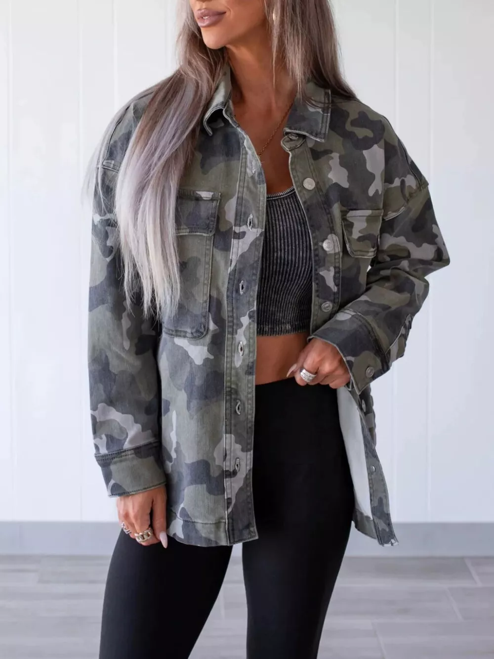 Camouflage Print Button Up Denim Jacket, image 2