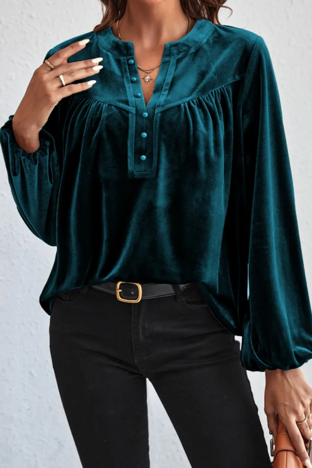 Notched Long Sleeve Velvet Top, image 3