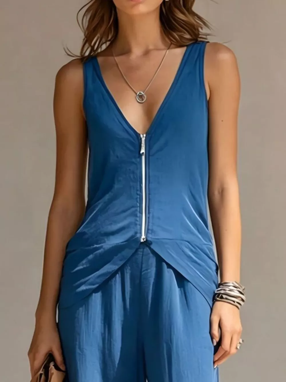 Full Size Zipper Front Tank and Wide-Leg Pants Set Plus Size, image 9