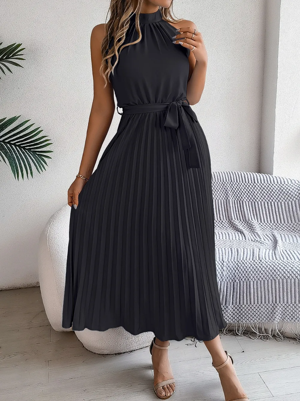 Pleated Tie Waist Sleeveless Midi Dress, image 7