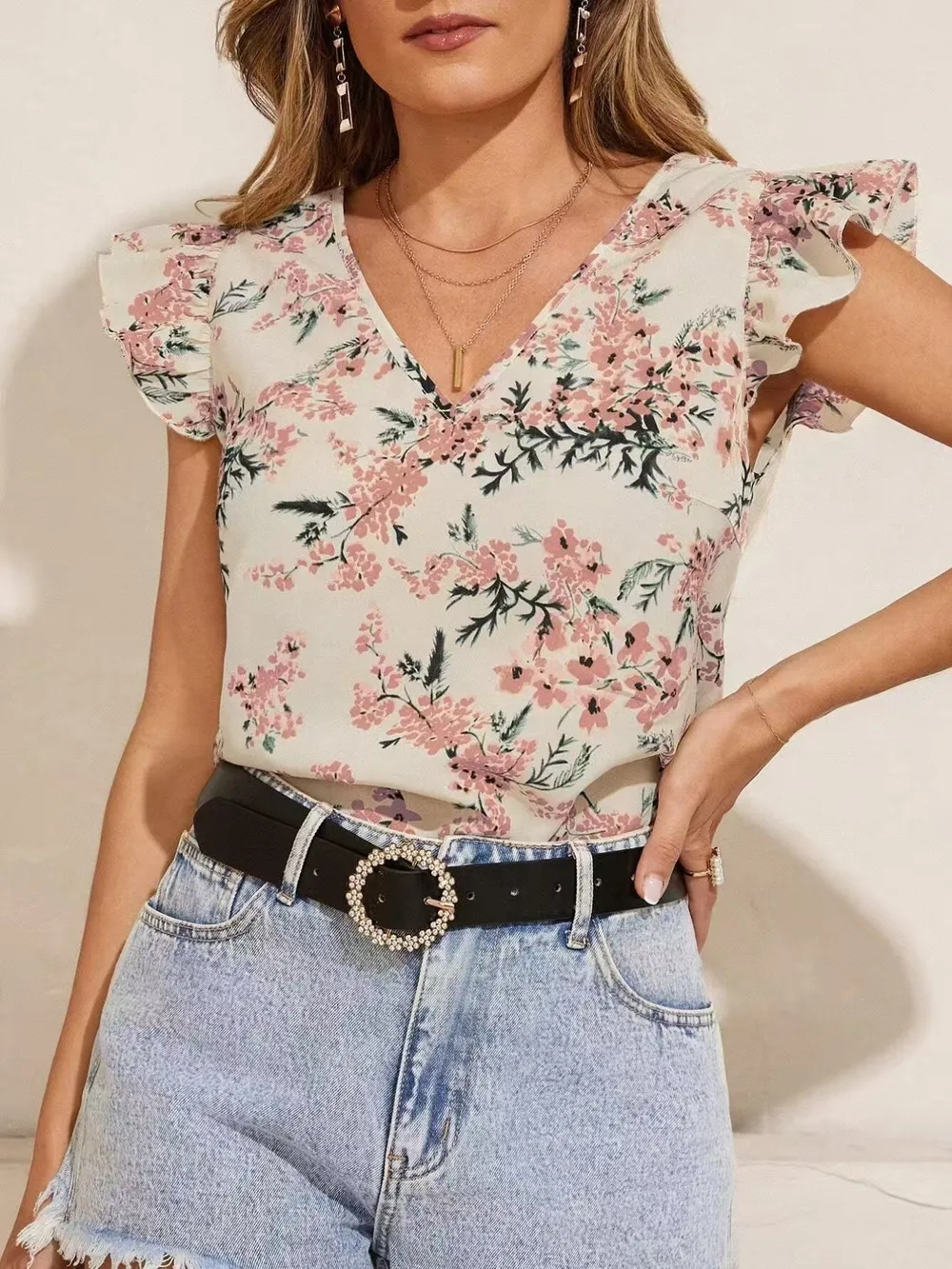 Floral Print Ruffle Sleeve V-Neck Blouse, image 7