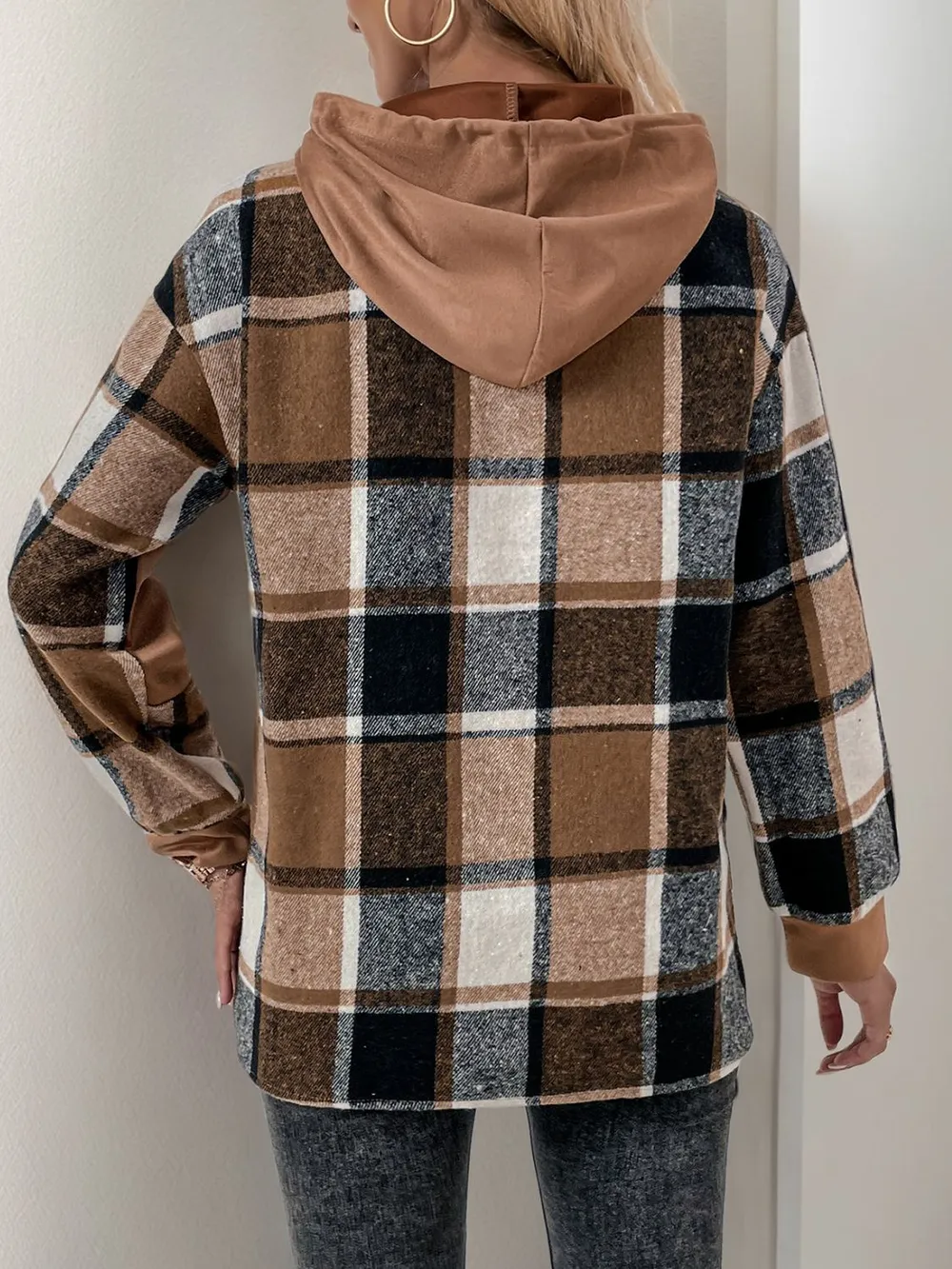 Drawstring Slit Plaid Long Sleeve Hoodie, image 4