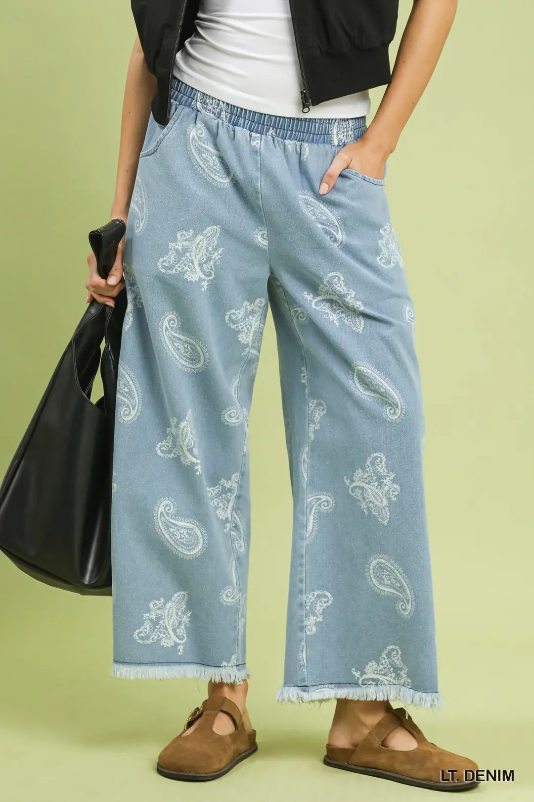 Denim Paisley Wide-Leg Pants