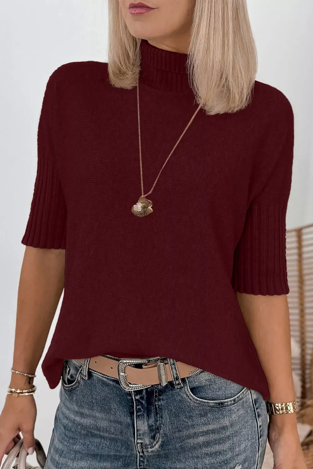 Mock Neck Half Sleeve Ribbed Sweater