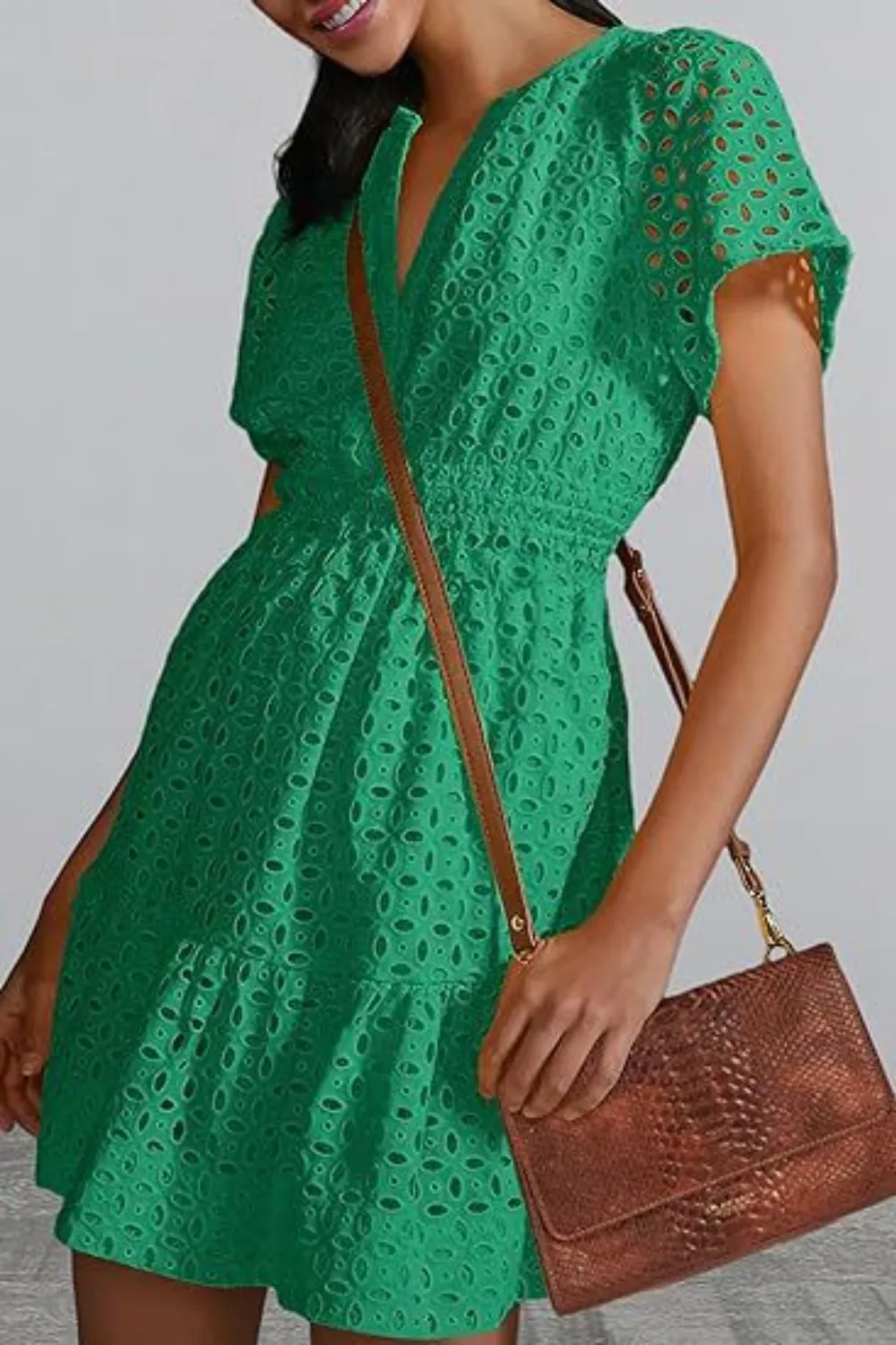 Eyelet Notched Short Sleeve Mini Dress, image 7