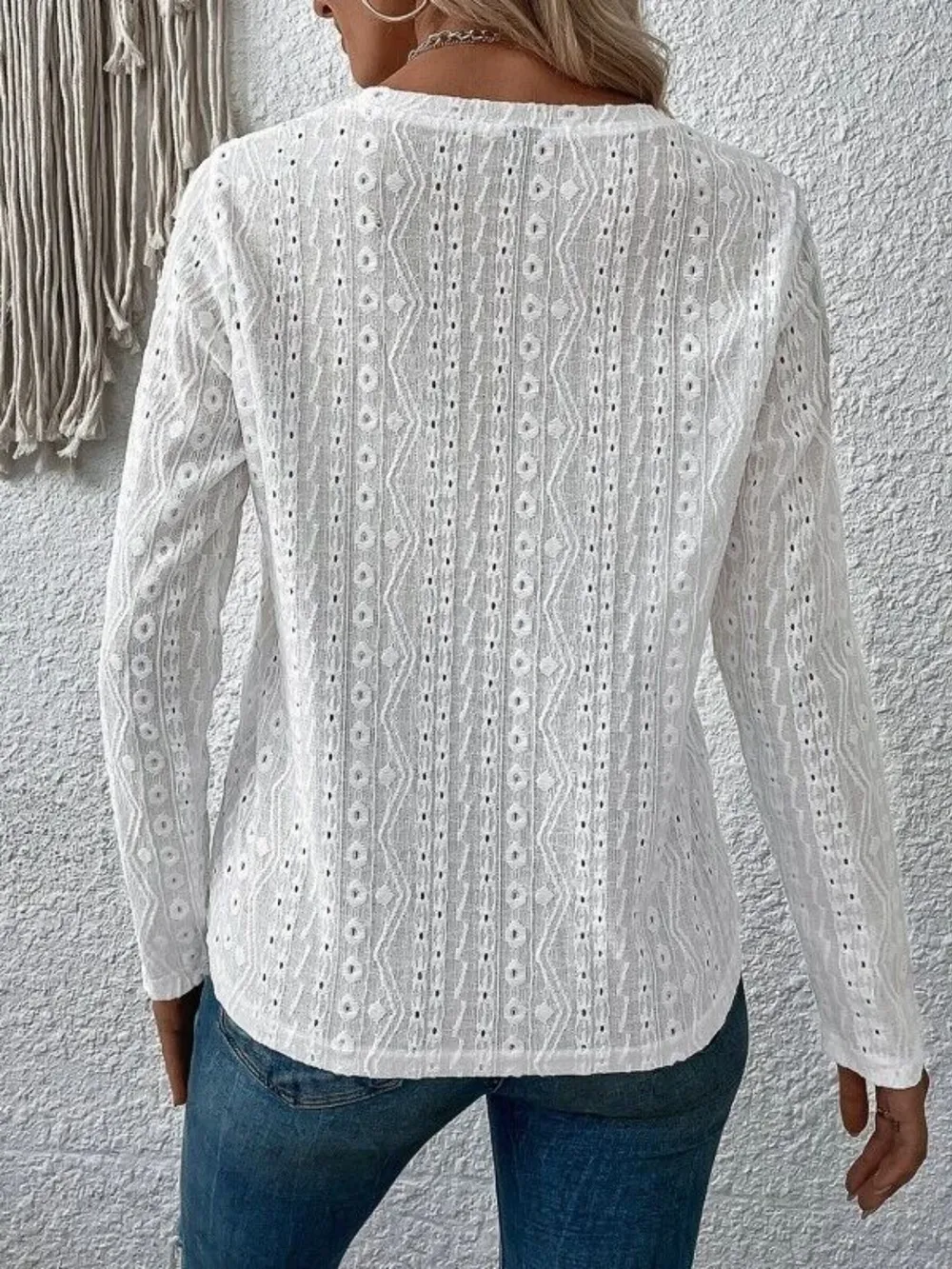 Eyelet Round Neck Long Sleeve Blouse, image 3