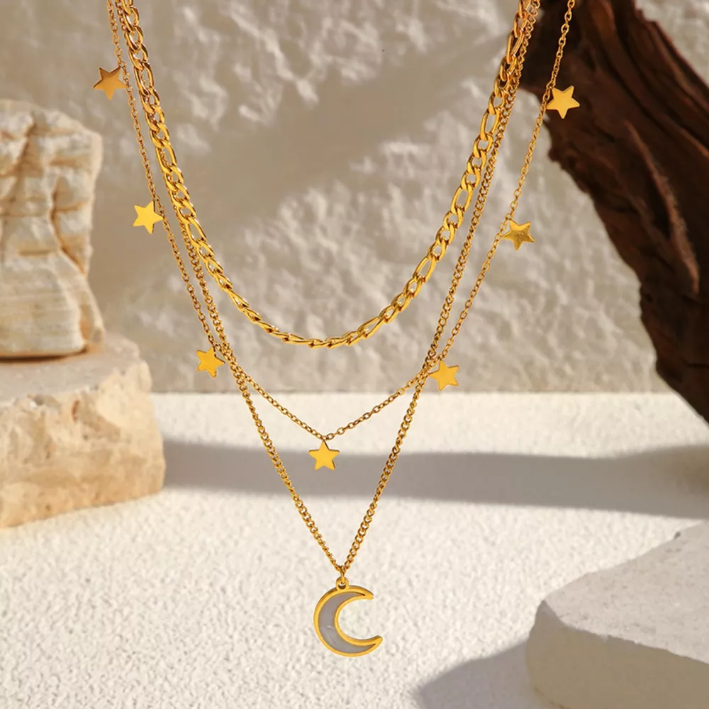 18K Gold-Plated Moon Three-Layered Necklace, image 3