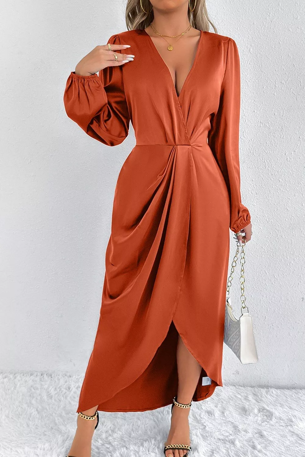 Satin Balloon Sleeve Midi Dress, image 16