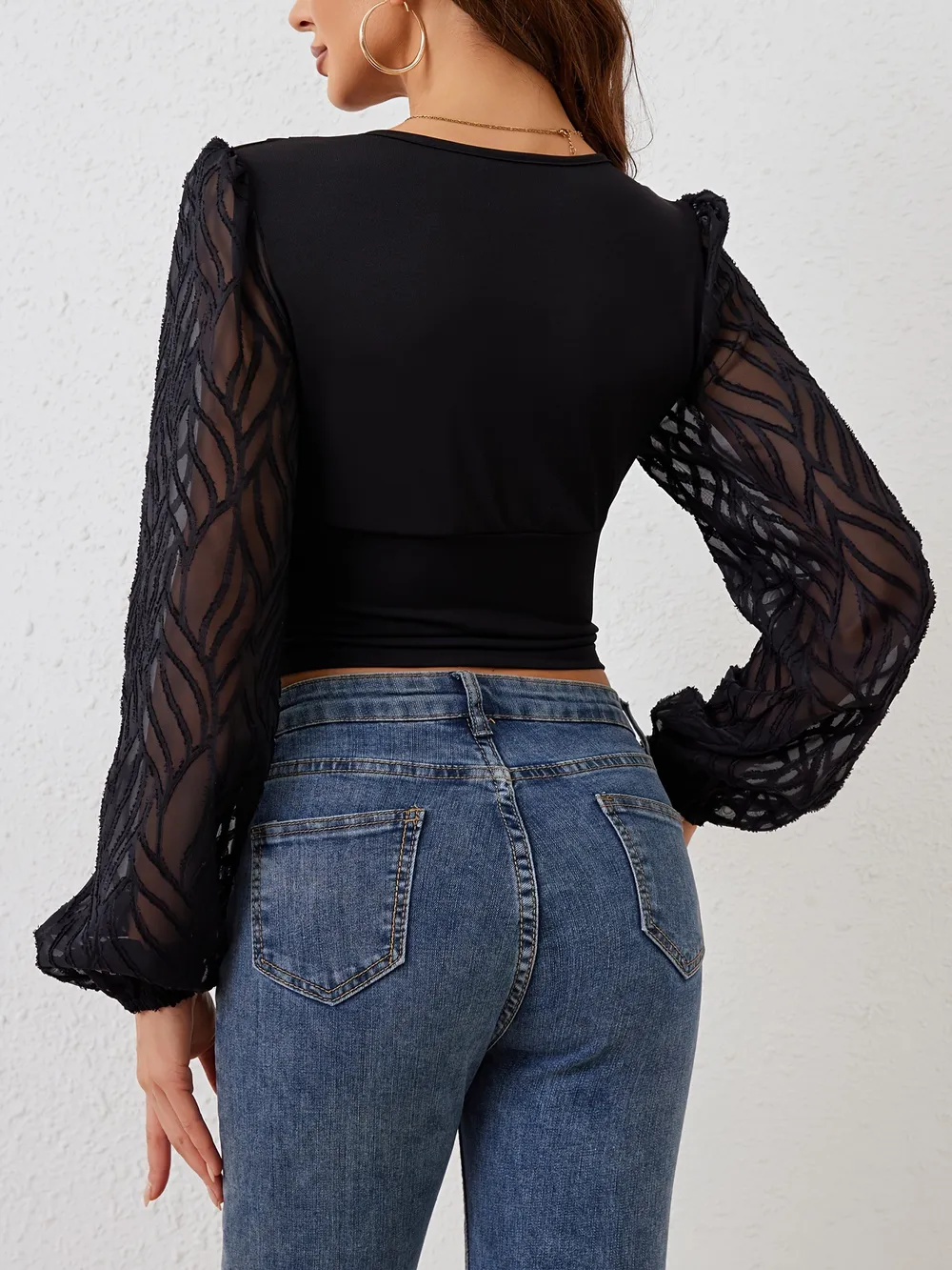 Lace Patchwork Plunge Long Sleeve Blouse, image 2