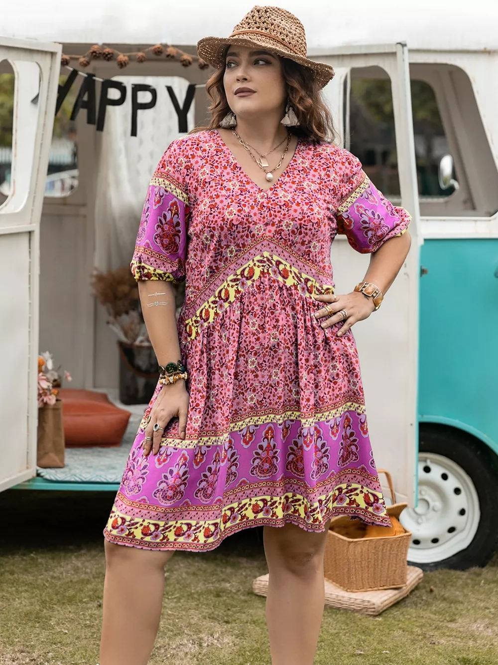 Plus Size Floral V-Neck Mini Dress, image 6