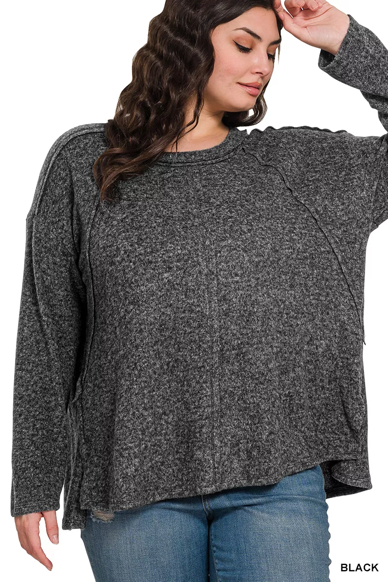 Full Size Brushed Hacci Exposed Seam Hi Low Sweater Plus Size, image 2