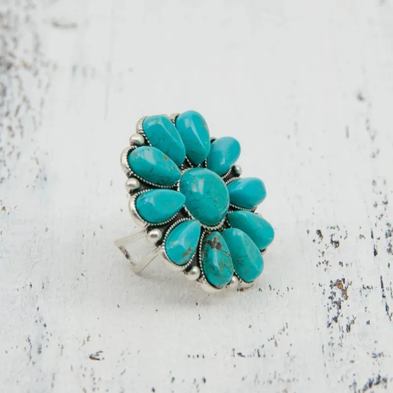 Artificial Turquoise Alloy Flower Ring, image 5