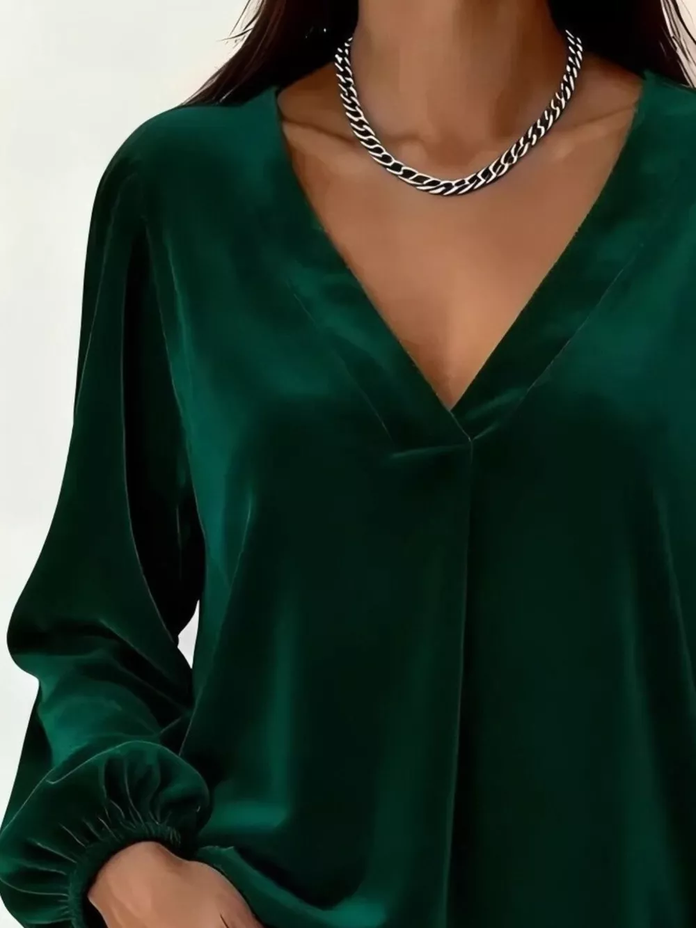 Full Size Velvet V-Neck Balloon Sleeve Blouse Plus Size, image 9