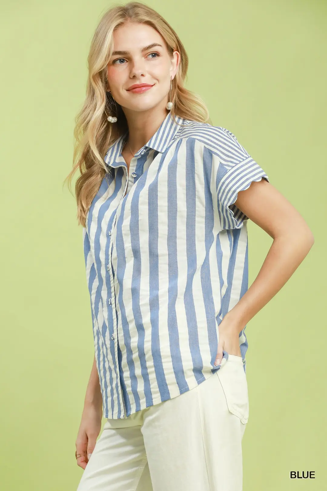 Striped Button Front Flutter Sleeve Top, image 2