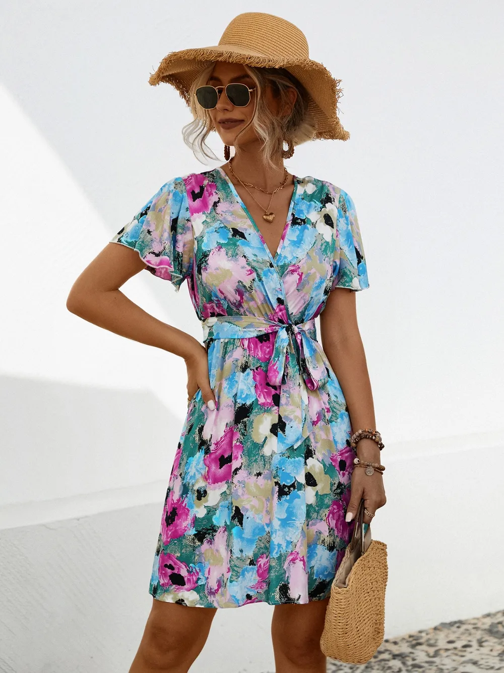 Printed Surplice Tie Waist Mini Dress, image 5