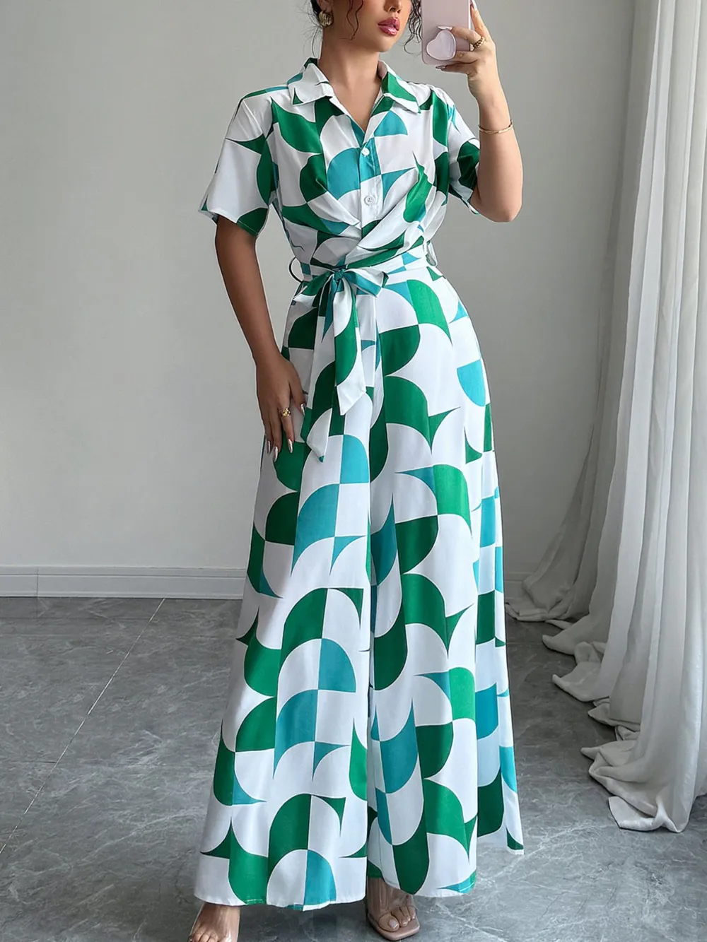 Printed Wide Leg Belted Jumpsuit, image 4