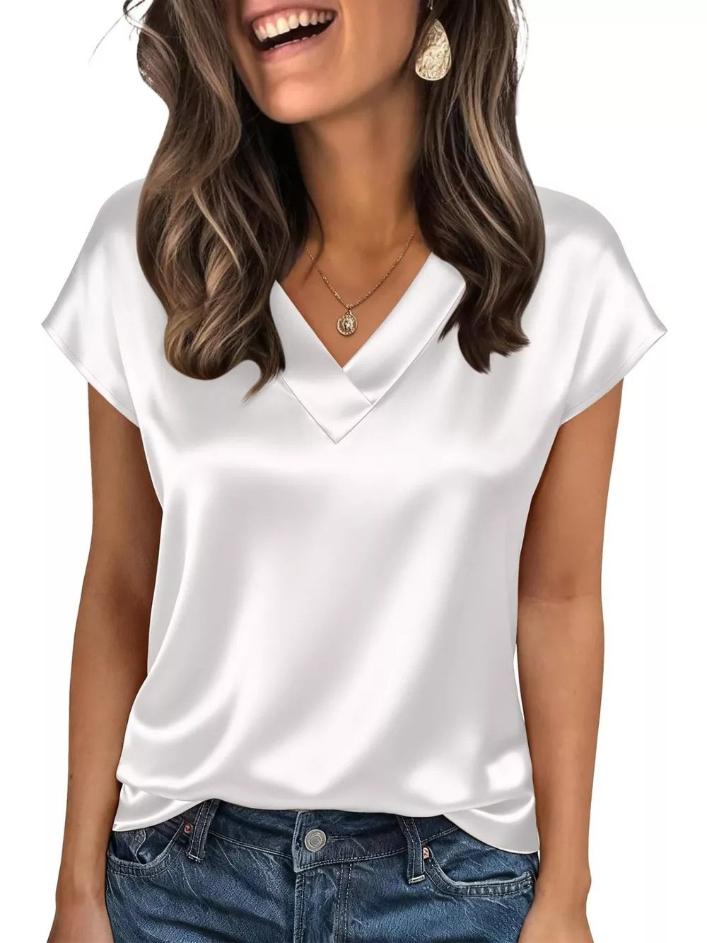 Satin V-Neck Cap Sleeve Blouse, image 21