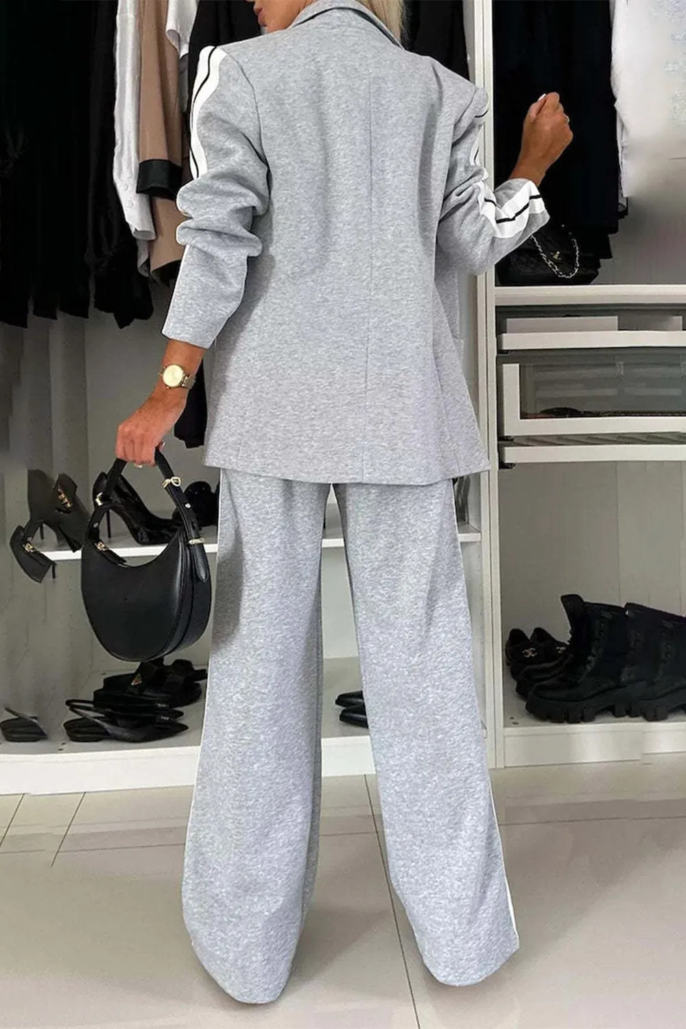 Full Size Contrast Lapel Collar Top and Pants Set, image 12