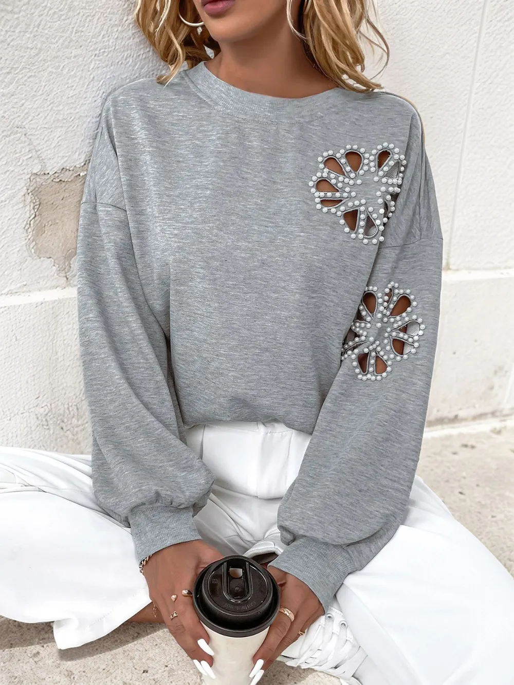 Cutout Pearl Round Neck Long Sleeve Sweatshirt, image 4