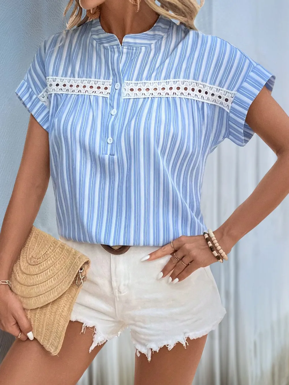 Half Button Striped Short Sleeve Blouse, image 2