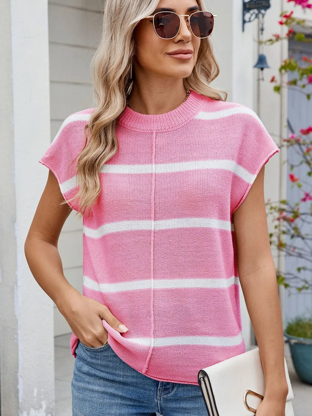 Exposed Seam Striped Round Neck Knit Top, image 6