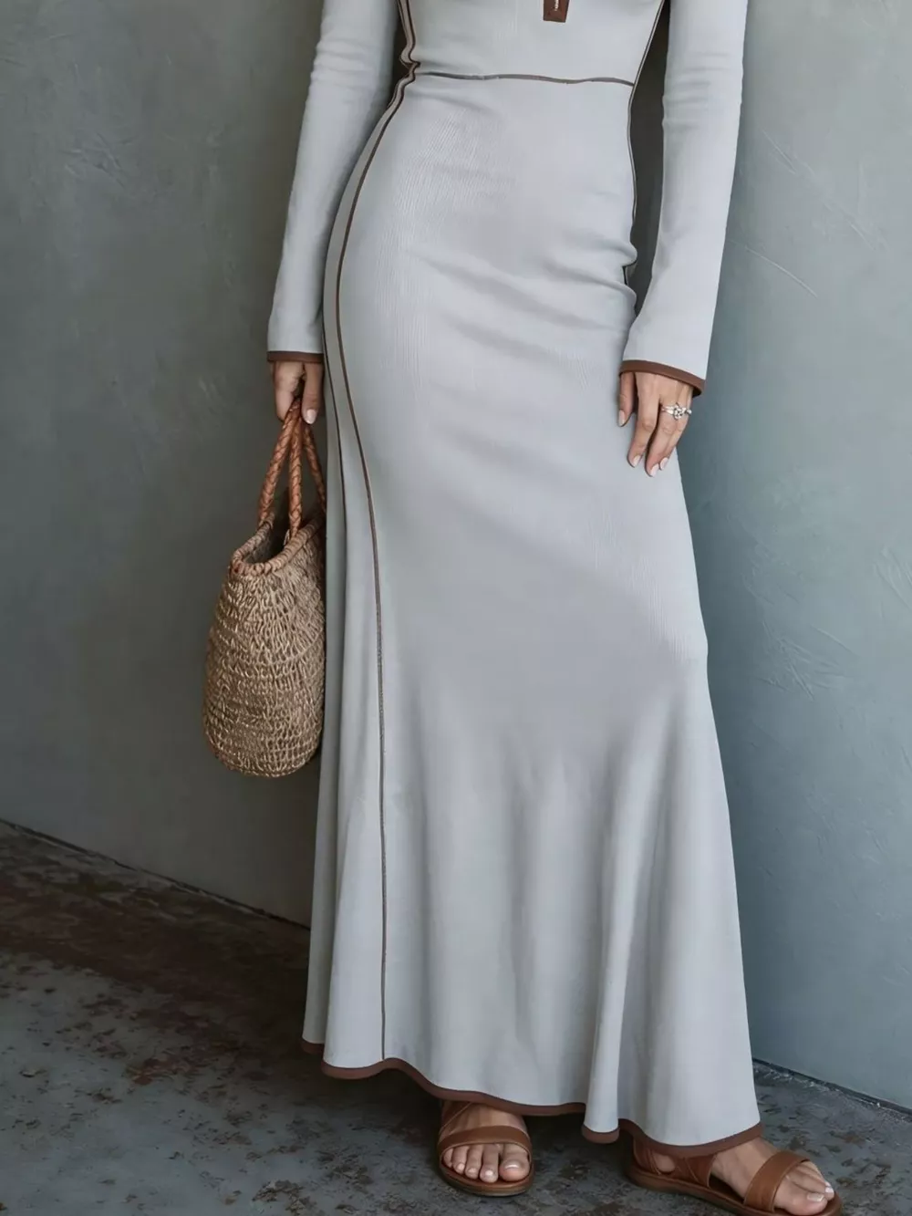 Full Size Contrast Trim Zip-Up Long Sleeve Knit Maxi Dress Plus Size, image 7