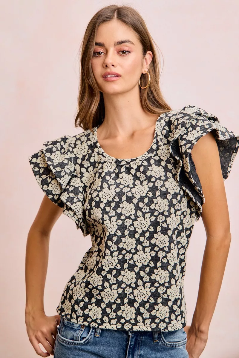 BiBi Floral Jacquard Ruffle Sleeves Knit Top, image 8