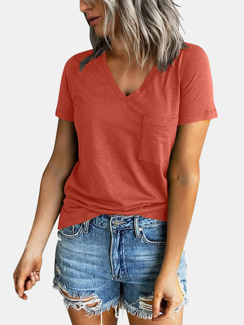 Pocketed V-Neck Short Sleeve T-Shirt, image 8