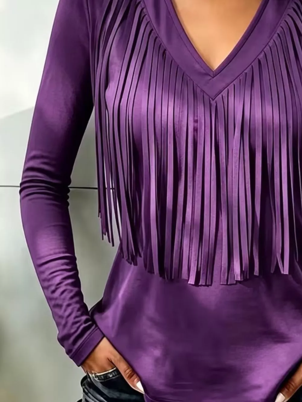 Fringe V-Neck Long Sleeve T-Shirt, image 14
