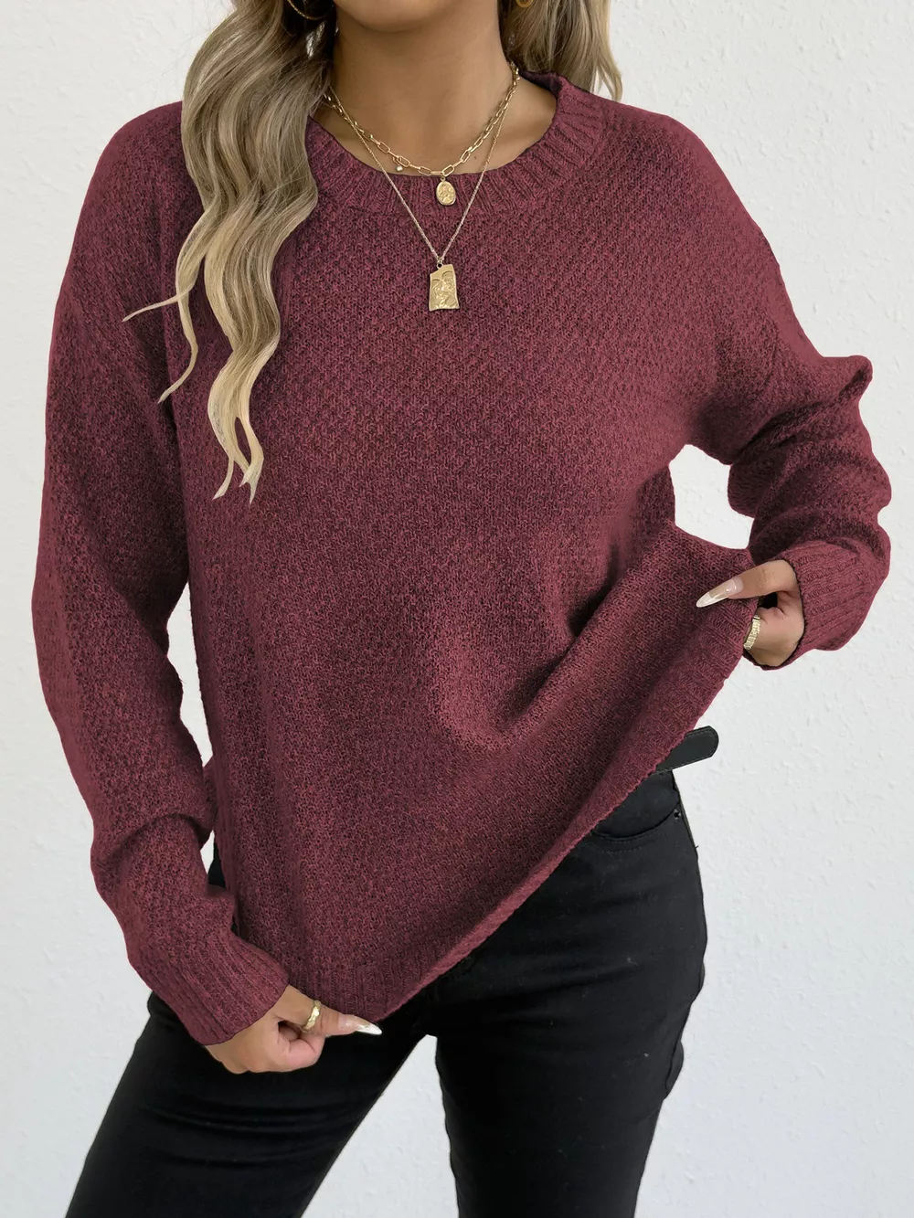 Textured Knit Relaxed Fit Round Neck Sweater, image 23