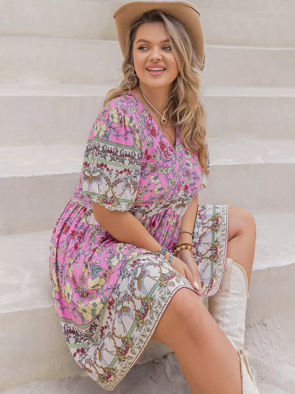 Plus Size Floral Print V-Neck Puff Sleeve Summer Dress, image 4