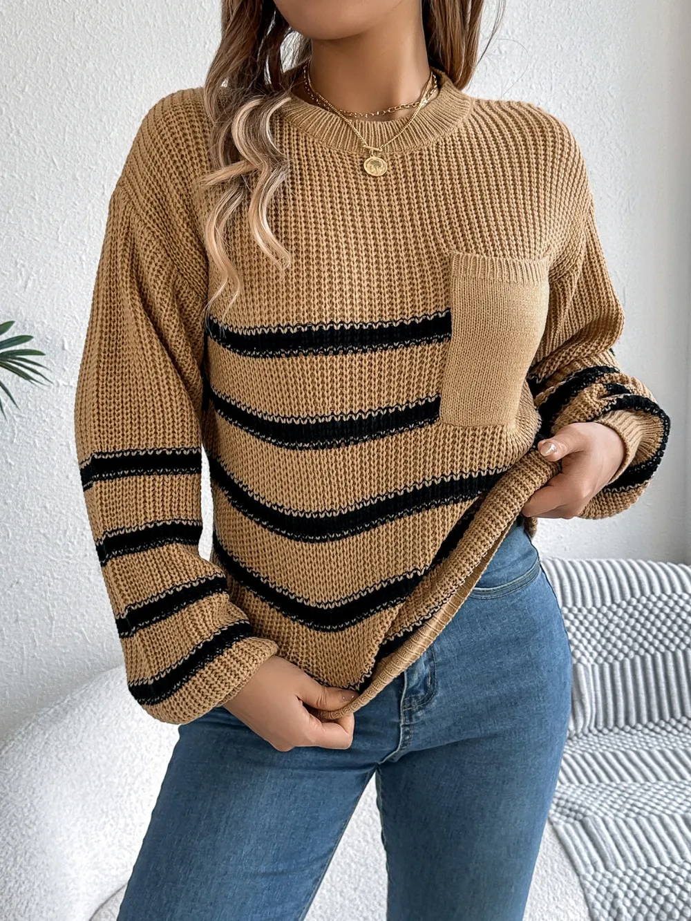 Striped Round Neck Long Sleeve Sweater, image 16