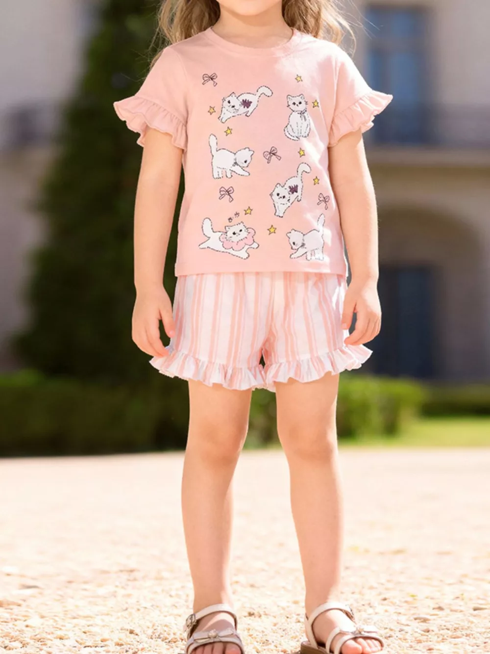 Children's Cat Round Neck Tee and Shorts Set