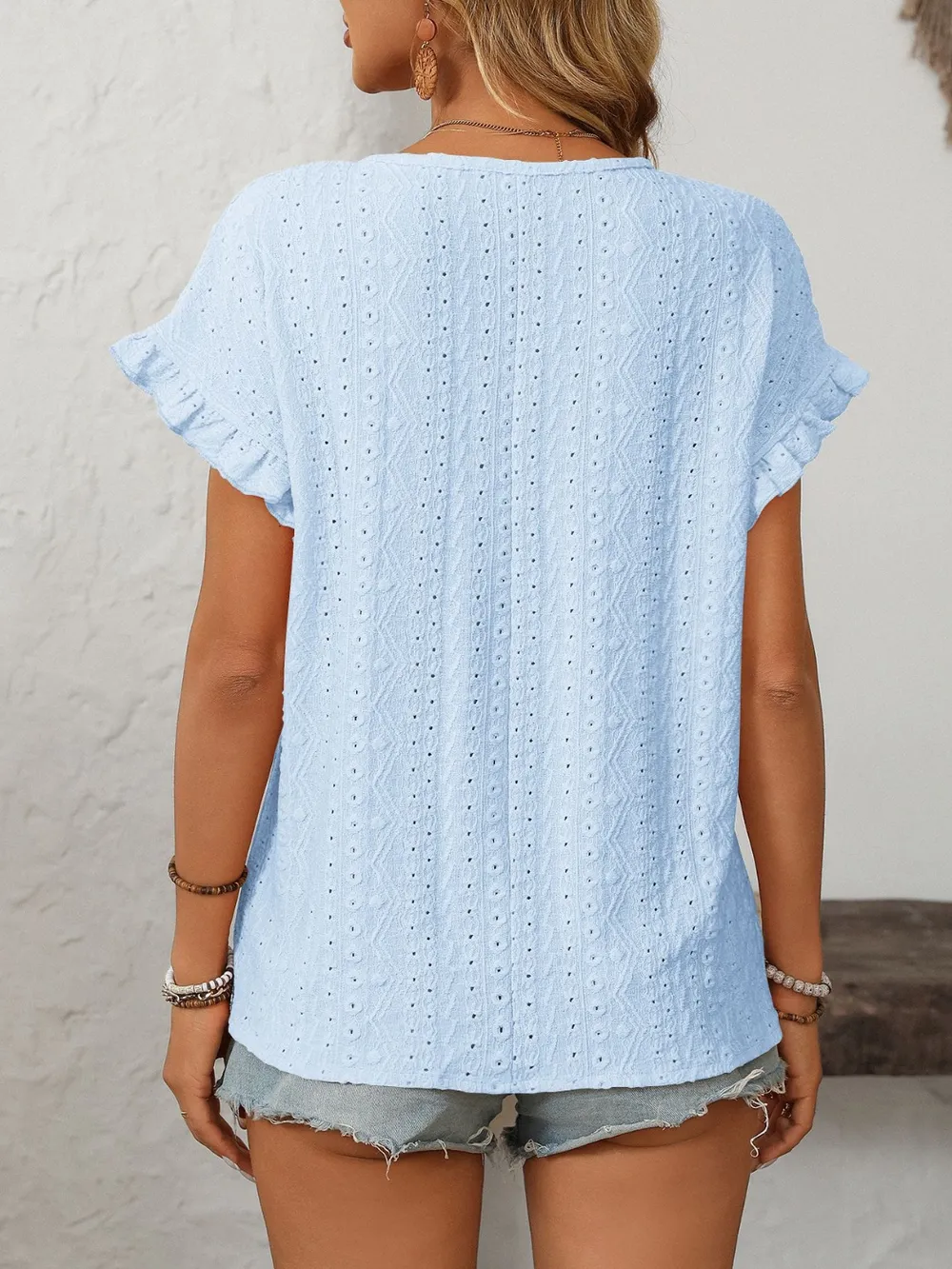 Eyelet Round Neck Short Sleeve Top, image 16