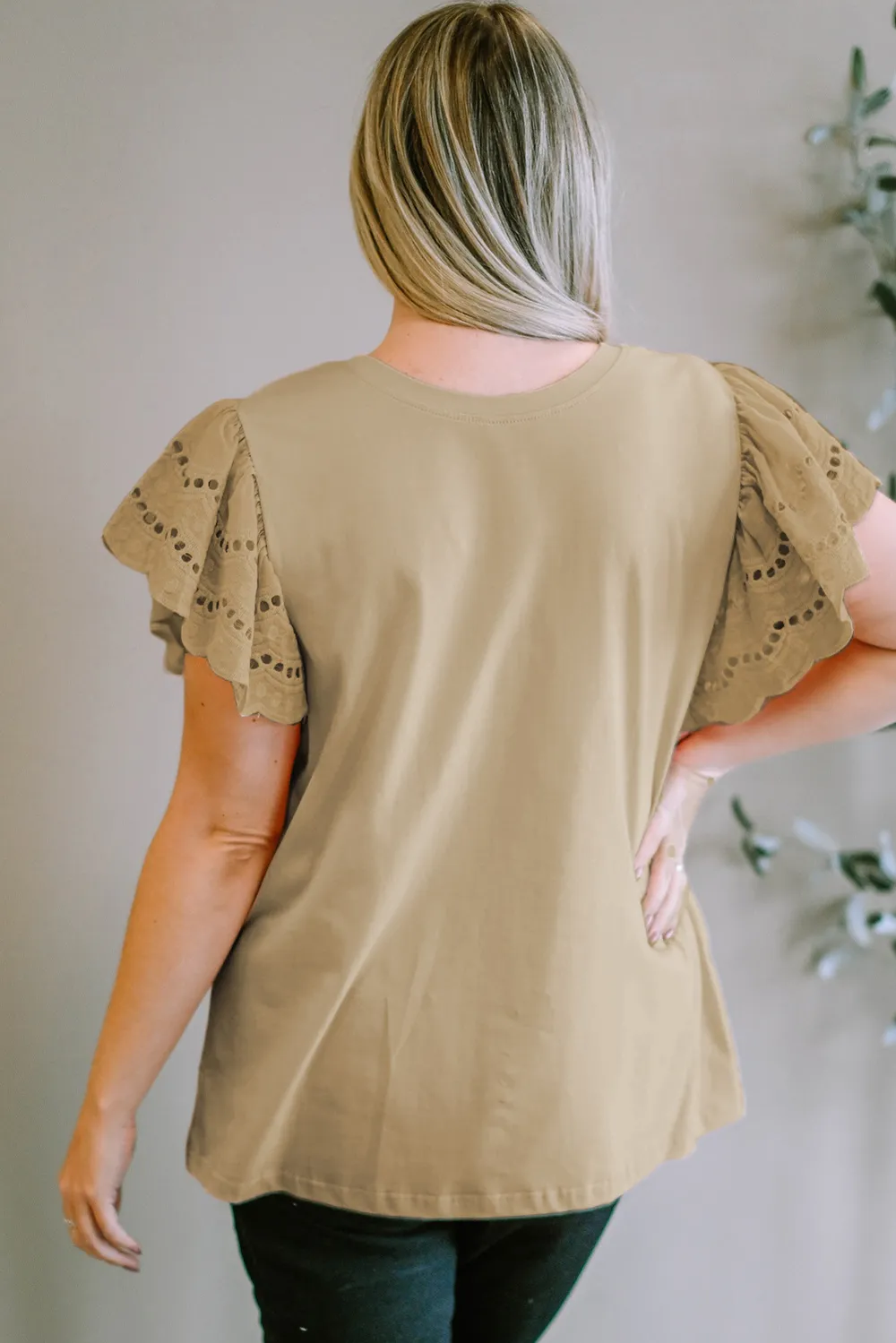 Plus Size Eyelet Round Neck Short Sleeve Blouse, image 5
