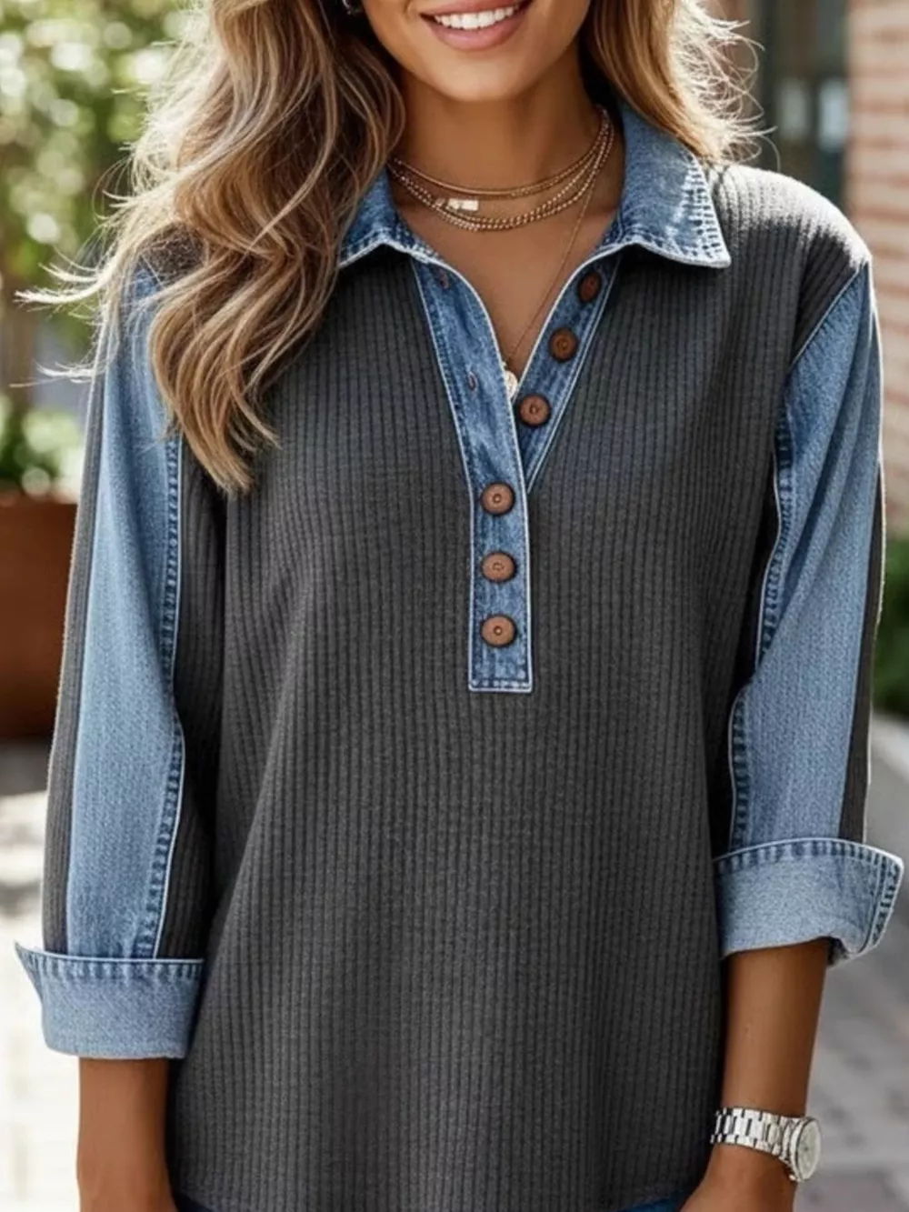 Denim Trim Button Detail Sweatshirt, image 3