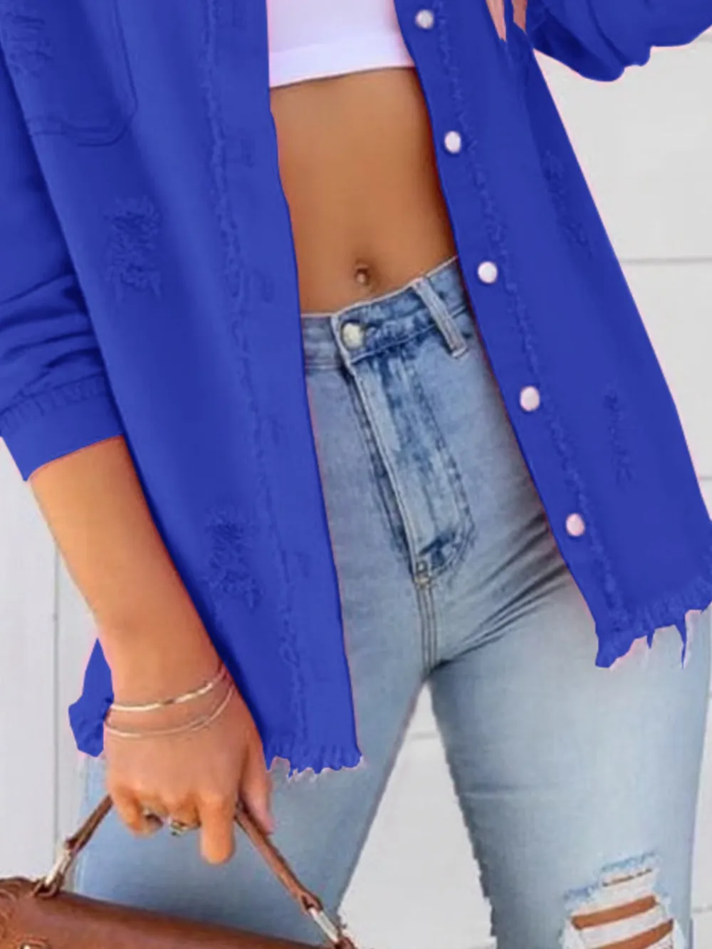 Distressed Denim Jacket with Frayed Edges, image 7