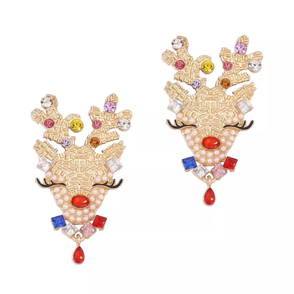 Christmas Reindeer Earrings with Colorful Rhinestones, image 2