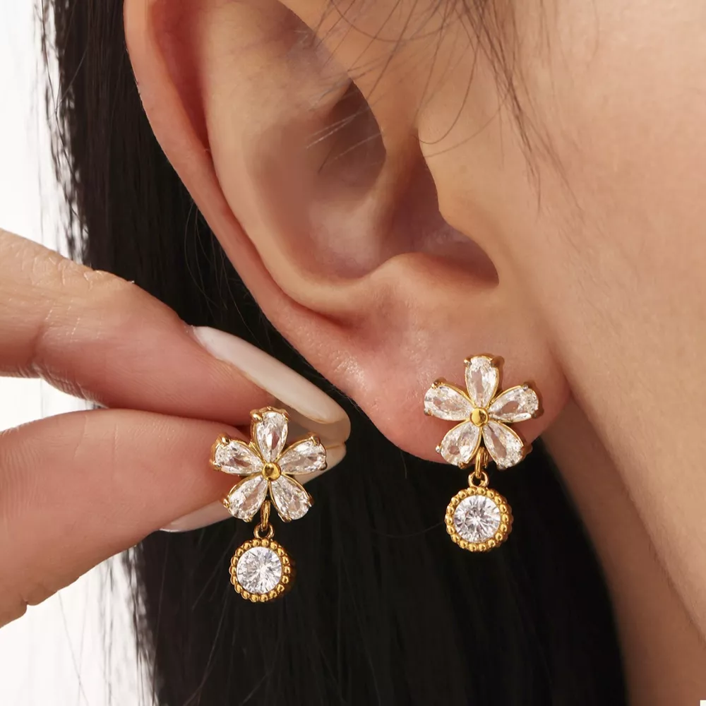 18K Gold-Plated Stainless Steel Zircon Flower Drop Earrings