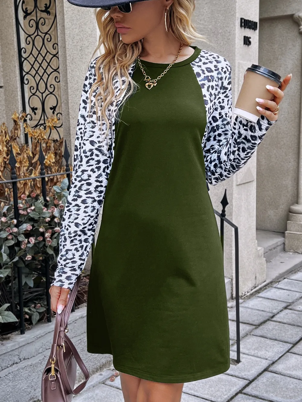 Leopard Round Neck Long Sleeve Dress, image 8
