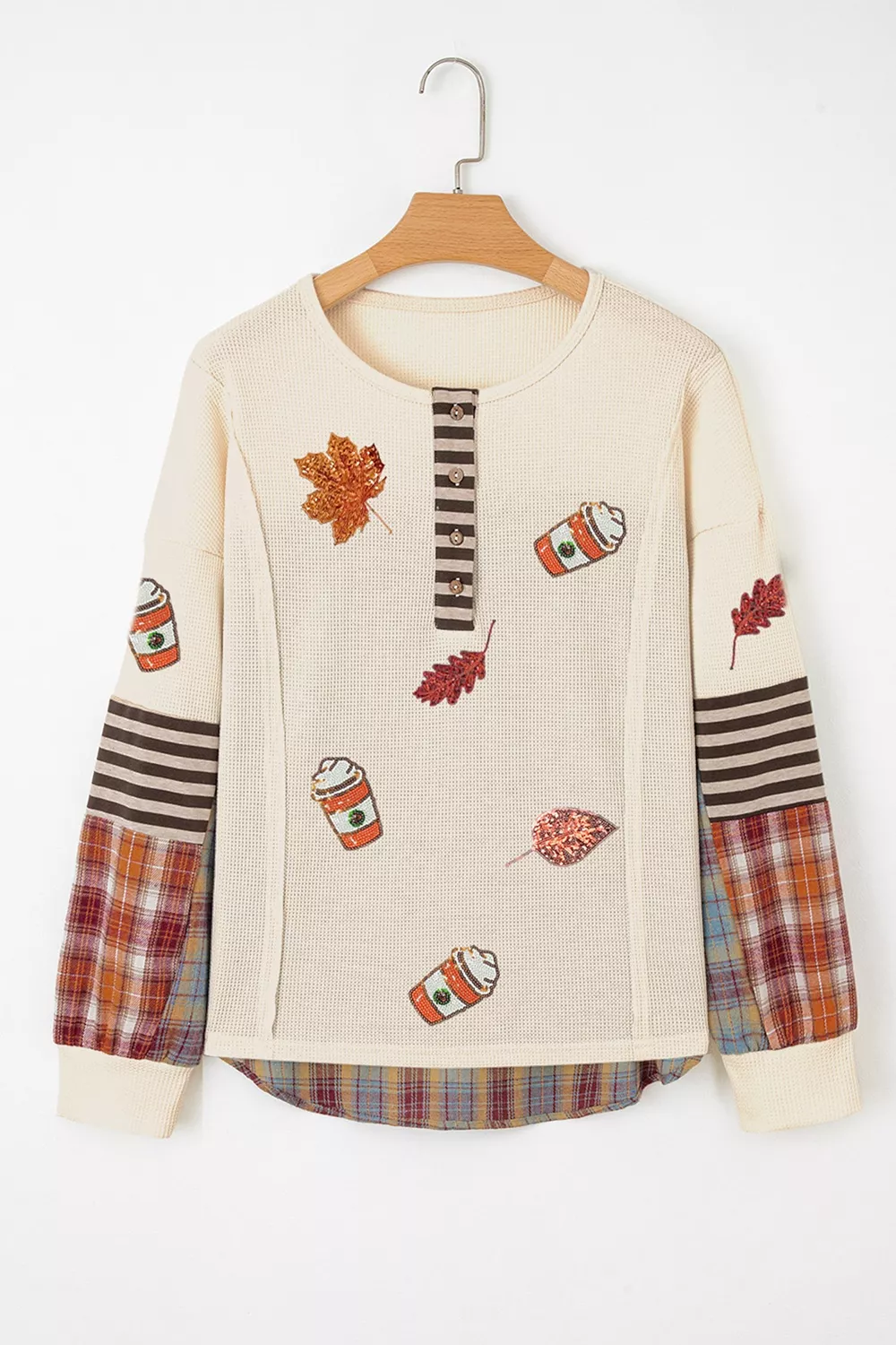 Sequin Autumn Leaf & Coffee Cup Waffle Knit Top, image 5
