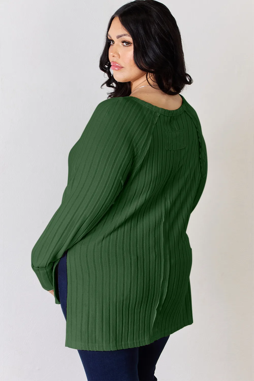 Full Size Ribbed Round Neck Slit T-Shirt, image 12