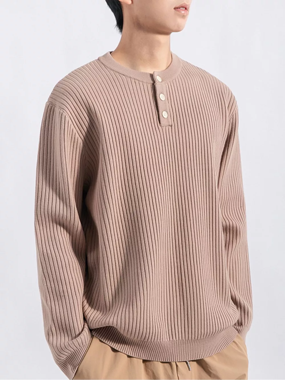 Men's Plus Size Ribbed Button Detail Knit Top, image 5
